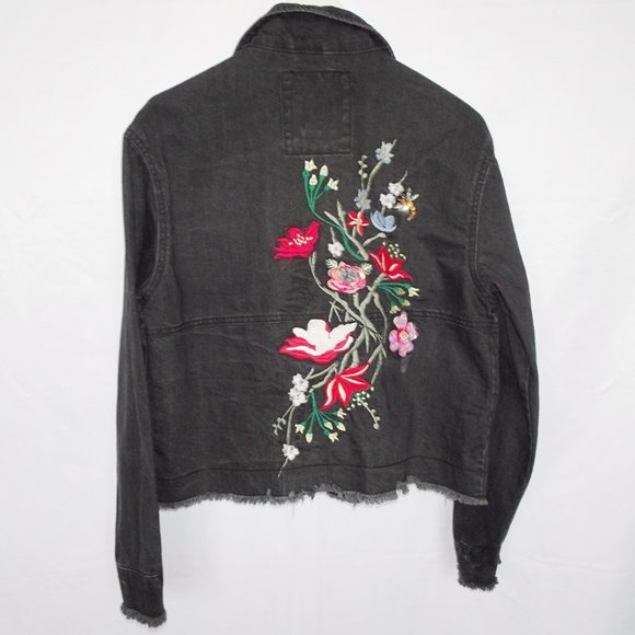 Bershka Embroidered Black Denim Jacket Floral Raw Hem - Picture 2 of 8
